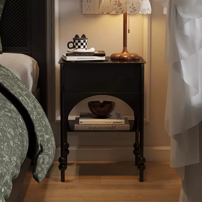中古风床头柜法式复古小型黑色床边置物架卧室家用窄款床头小边几