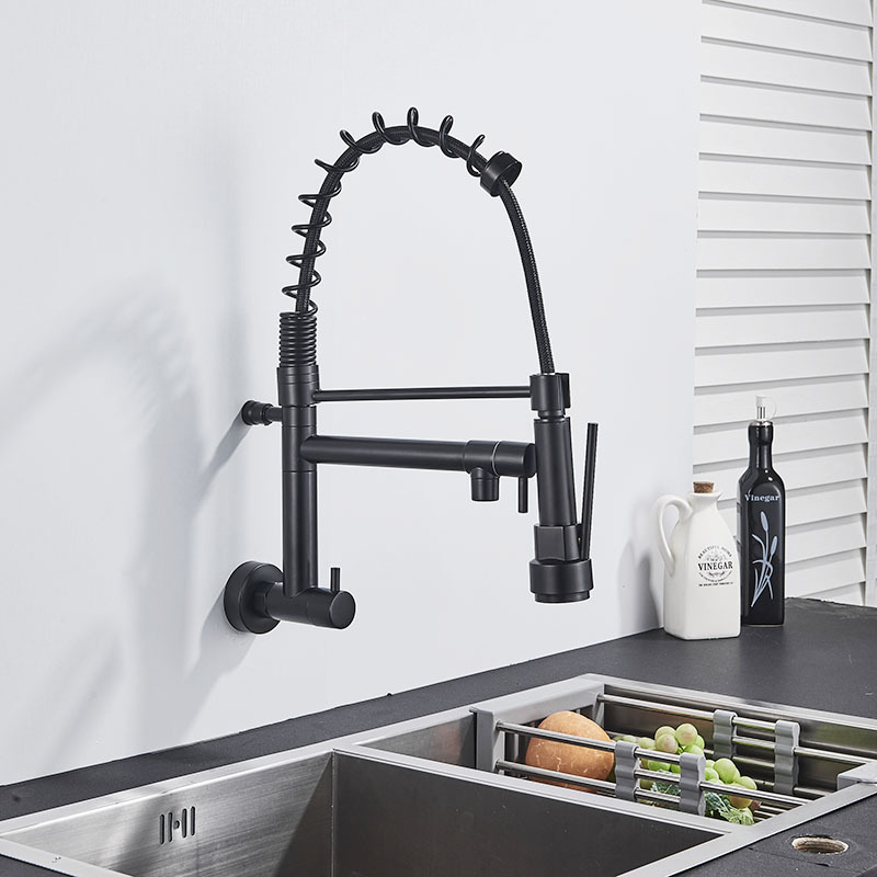 European-style household Black pull-down kitchen faucet single-cooled double-Rotating nozzle wall-mounted faucet can be rotated