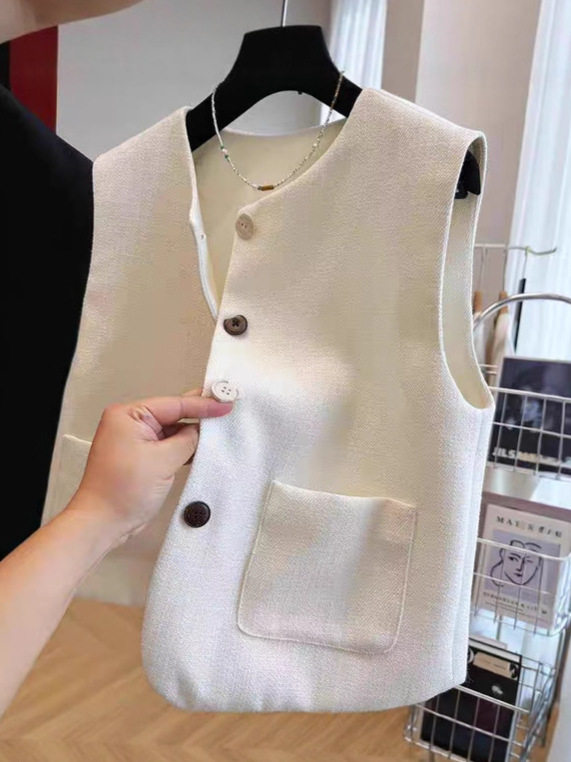 Áo vest nữ không tay dáng gile cổ tròn phối lớp phong cách Pháp — đen, Màu trắng nhạt