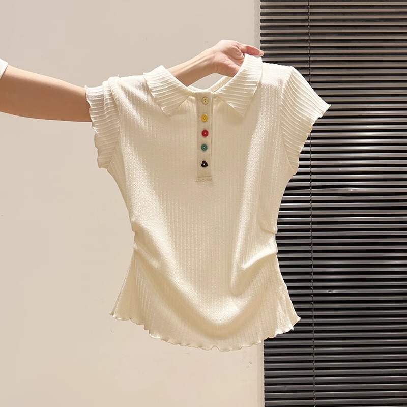 Clearance Sale of Colorful Button Polo Collar Slim-Fit Ruched Waist Tops for Women