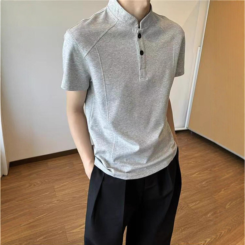 American Retro Style Henry Collar T-Shirt Men's Summer Pure Color Short-Sleeved Right Shoulder Top Polo Shirt Daily Formal Casual