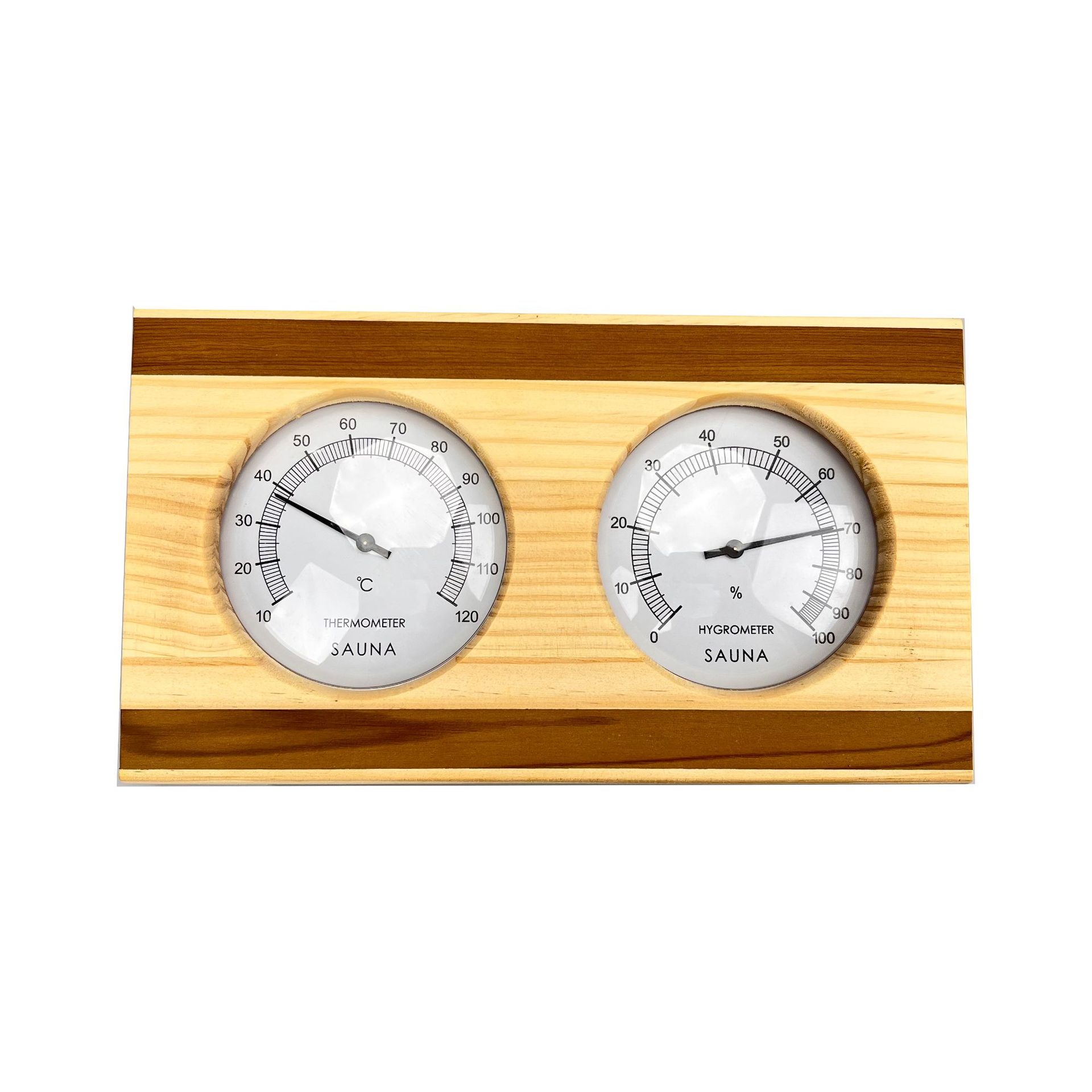 桑拿源头厂家泳池发货 浴室用温湿度计  红雪松拼芬兰松  双表温