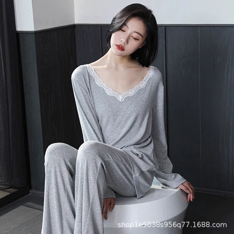 Women’s long‑sleeve pajama set, thin spring/autumn style, high‑quality, plus sizes M–2XL