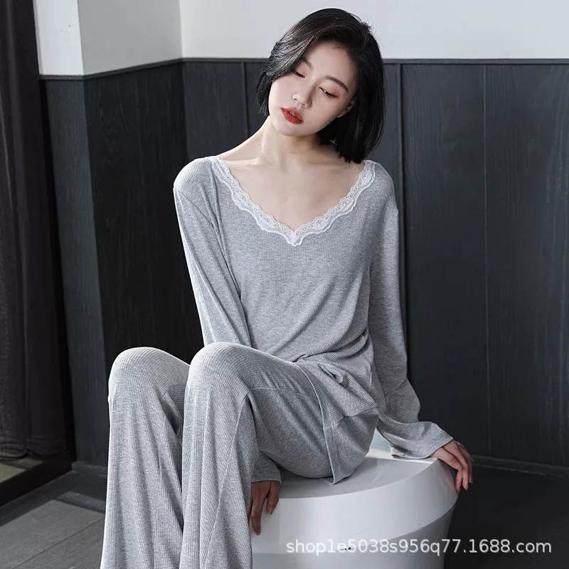 Women’s long‑sleeve pajama set, thin spring/autumn style, high‑quality, plus sizes M–2XL