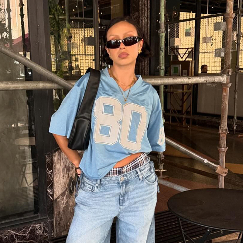 American Street Hot Girl Style Oversize Letter Printed Short-Sleeved T-Shirt Cross-Border V Neck Loose Casual Basic Top