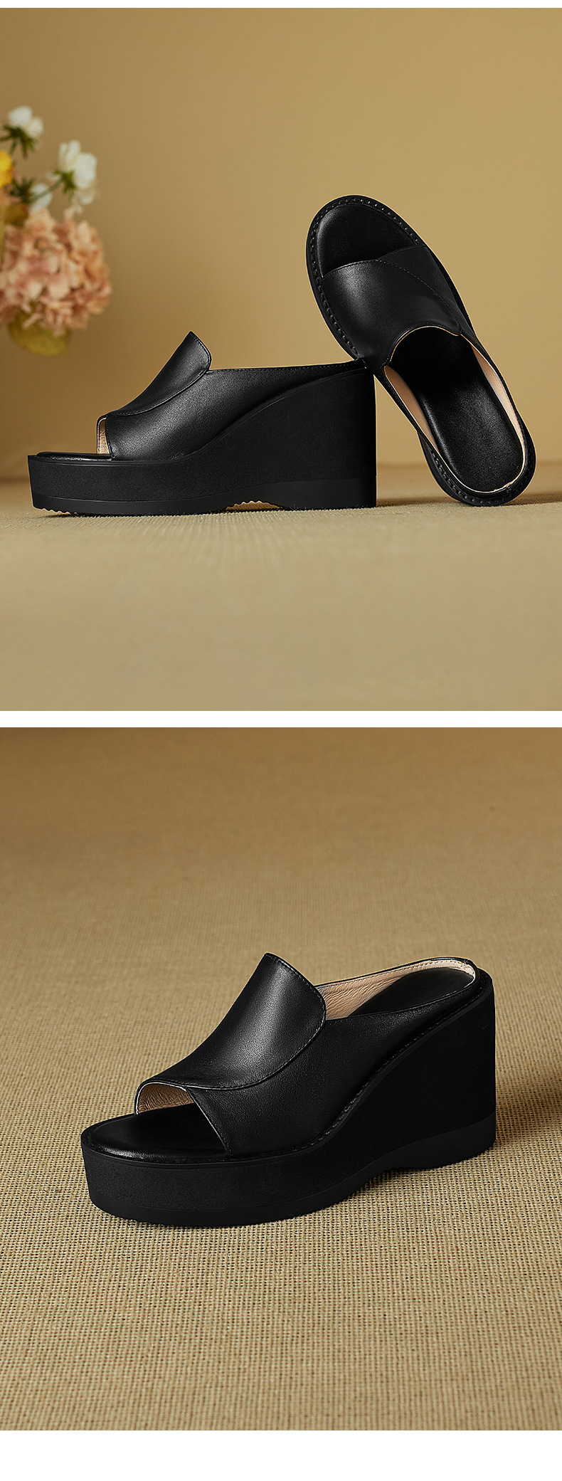 Sandal cao gót nữ mũi hở đế xuồng da thật tăng chiều cao — màu đen, màu mơ chi tiết 13