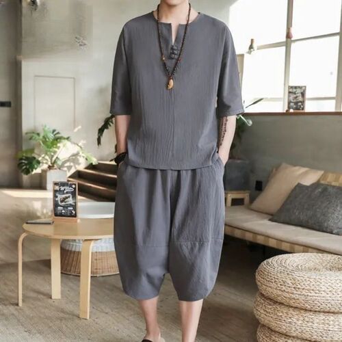 Retro Summer Linen Set for Men - Chinese Style Loose Short-Sleeve Large Collar 7/8 Pants Two-Piece Set Men's Clothing