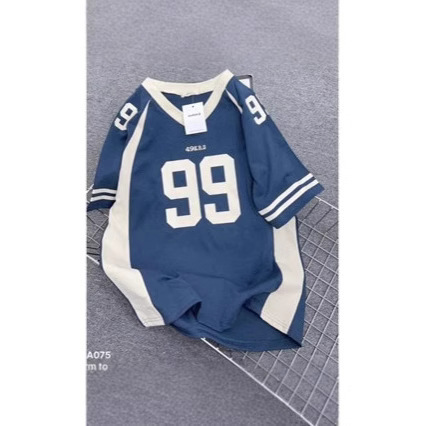 American street casual sports baseball V-neck contrasting color short-sleeved T-shirt for women summer loose printed short-sleeved top