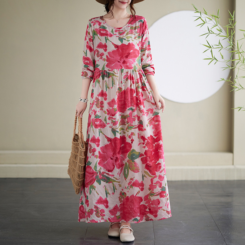 Foreign Trade dress 2024 Early Autumn New Variety of Variety and Color Holiday Style Travel Crewneck Retro Flesh Covering Cotton and Linen Long Dress