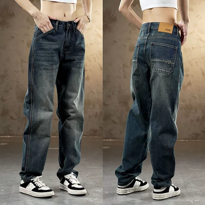 2024 весенние новые универсальные ретро джинсы в американском стиле, мужские модные свободные прямые повседневные длинные брюки-шаровары