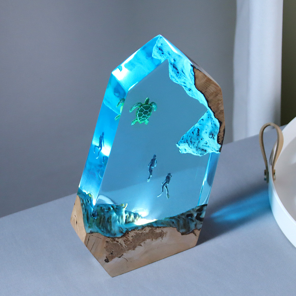 Ocean Cave Jellyfish Diver Dragon Turtle Ornament Lamp Holder Solid Wood Resin Lamp Birthday Gift Decoration Led Lamp