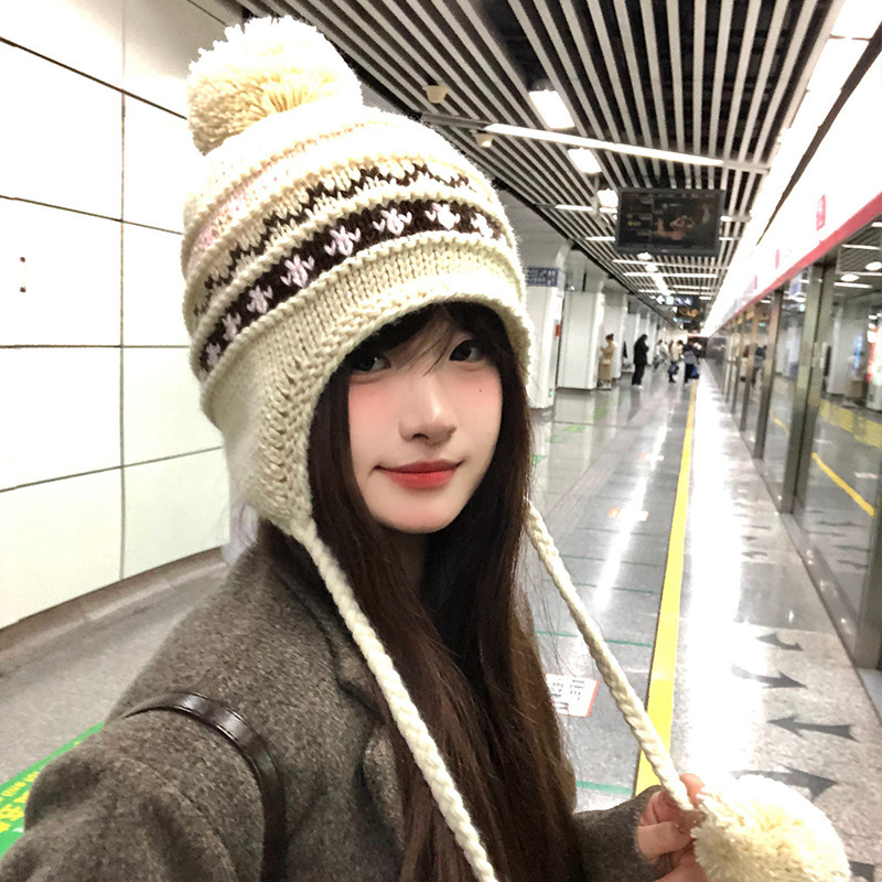 蝴蝶结猫耳朵毛绒帽女秋冬季条纹护耳针织帽显脸小保暖毛线帽子|undefined
