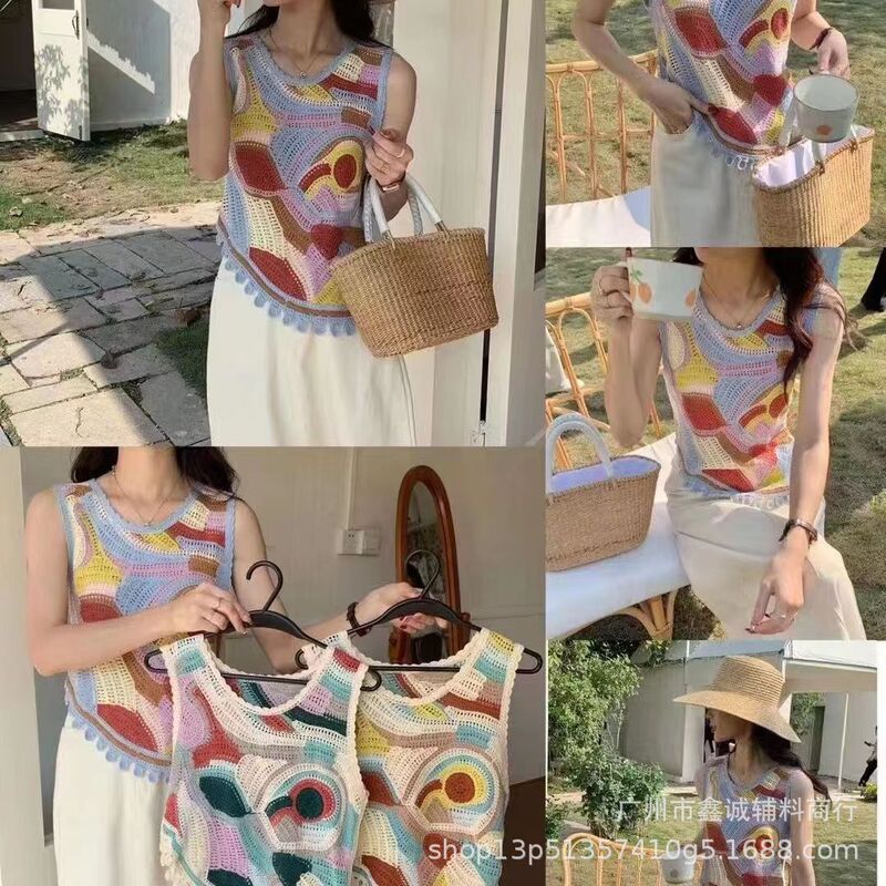 Autumn New chic retro colorful floral knitted vest women's outer sleeveless V-neck short hollow top