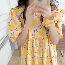 2026新款樱桃柠檬短袖裙家居服泡泡袖睡衣女可外穿睡裙