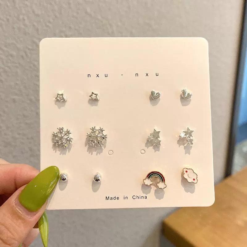 Earrings set, small elegant studs 2–12 pcs, pearl and charming motif designs