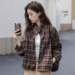 韩系氛围感格子衬衫外套女2025秋季新款短款工装夹克休闲拉链上衣