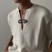 2025新款美式复古金属纽扣针织V领短袖T恤男士设计感小众潮牌上衣