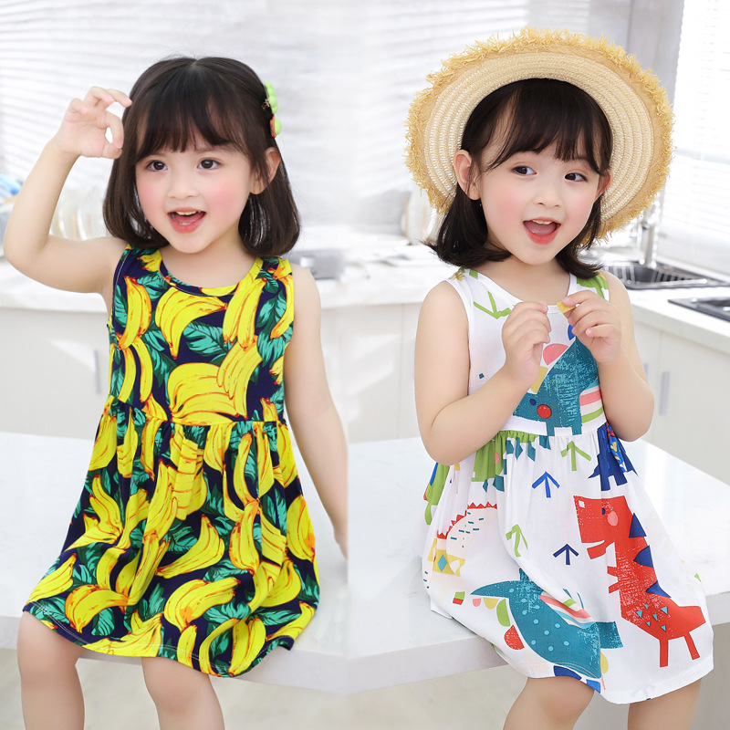 Girls' cotton silk dress middle and small children's girls' artificial cotton summer skirt children's dress big children's thin breathable beach skirt