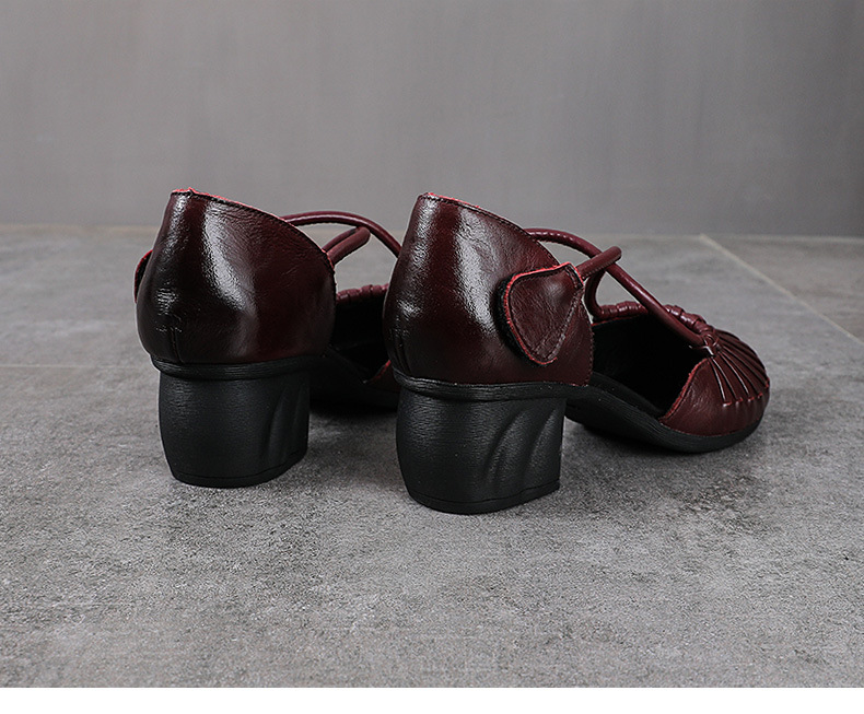 Sandal nữ da bò cao gót vuông mũi kín kiểu La Mã đan thủng — màu đen chi tiết 15