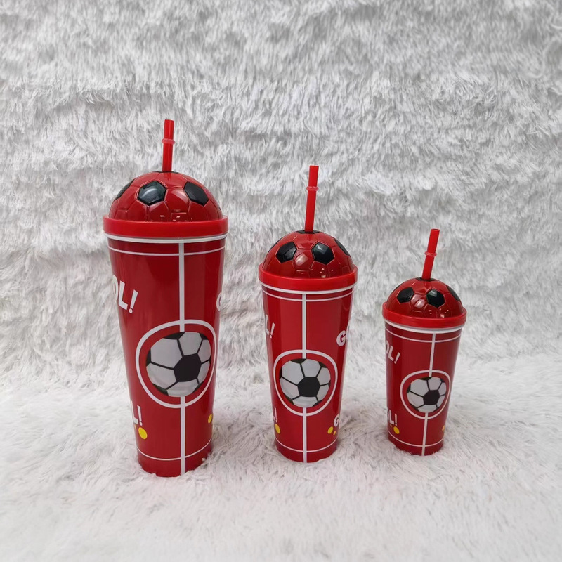 Amazon Hot Sale Spot Wholesale World Cup Football Straw Cup Football Pattern Plastic Water Cup Three-Piece Set