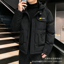 冬季新款男士时尚休闲连帽棉服保暖防风棉衣潮流黑色外套男潮大码