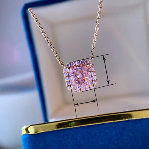 Cao Shi Pink Square Ring Necklace Classic High-End Luxury Ring Pendant Set Evening Party High-End Accessory