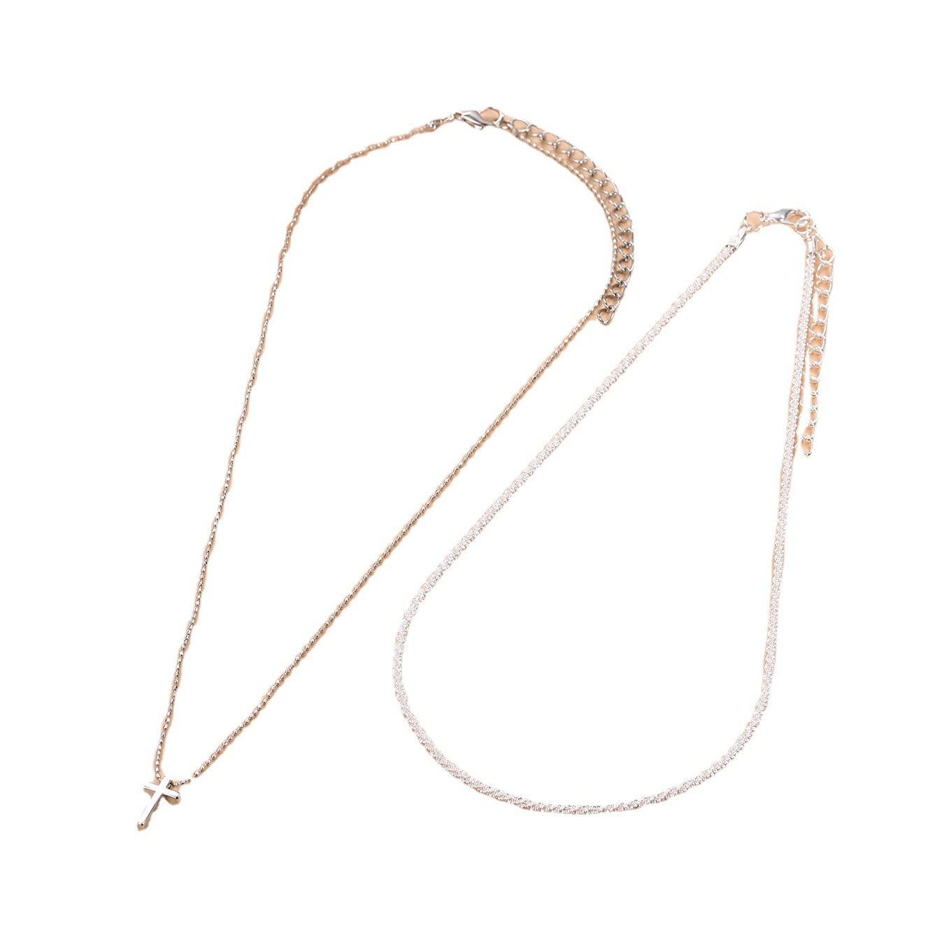 New ins Style Sparkling Fashion Double Layer Decomposable Necklace Stacked Cross Pendant Clavicle Chain_voghion.com