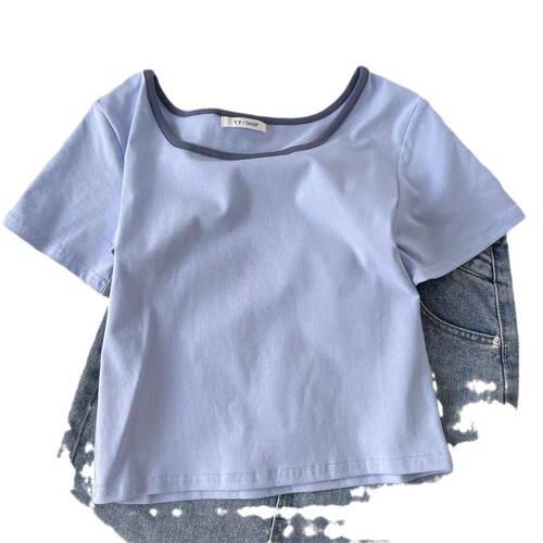 Square collar straight shoulder T-shirt for women's short-sleeved summer new slim and versatile short navel-exposed ins top trendy