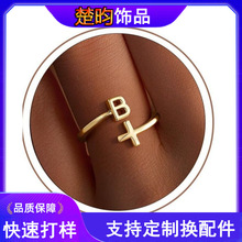 欧美跨境新款十字架戒指时尚简约26字母开口指环文艺优雅日常百搭