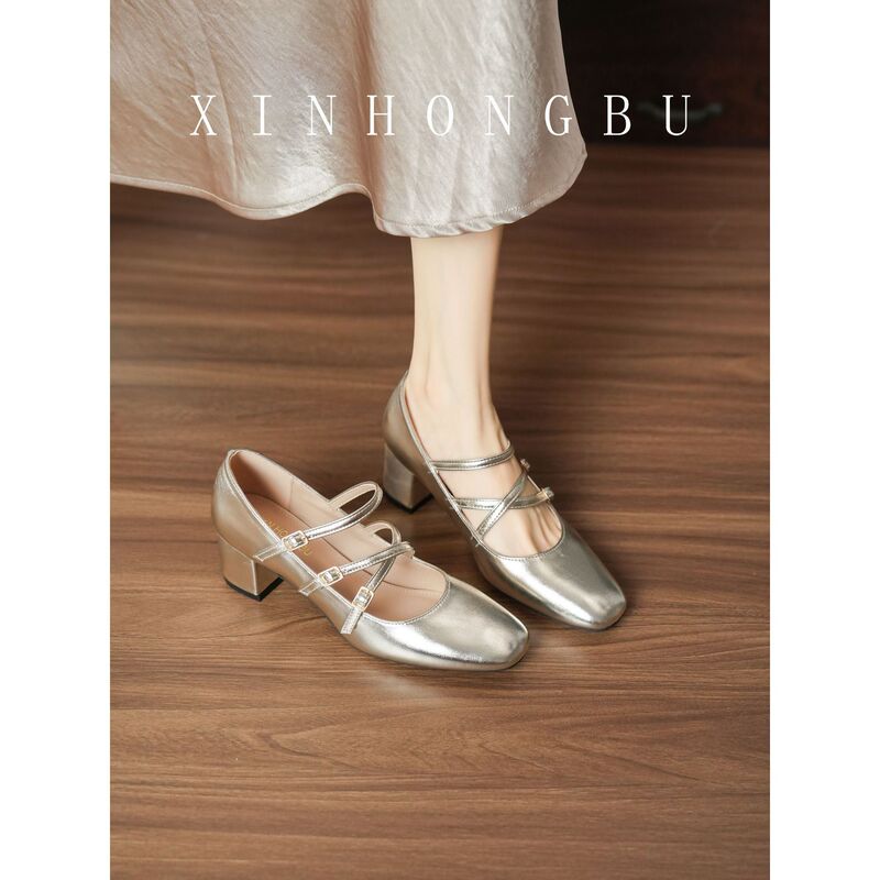 【Hongbu】1999-3 Square-toe Mary Jane Women's Shoes, Silver Three-Strap Buckle, Exquisite Chunky Heel, Retro Shallow Flats 【Hongbu】1999-3 Square-toe Mary Jane Women's Shoes, Silver Three-Strap Buckle, Exquisite Chunky Heel, Retro Shallow Flats