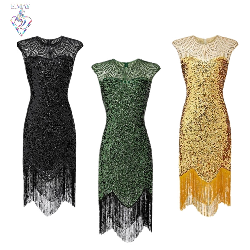 Amazon's best-selling 1920 vintage sequined tassel dress for banquets and evenings, plus size, solid color, stage performance costume.