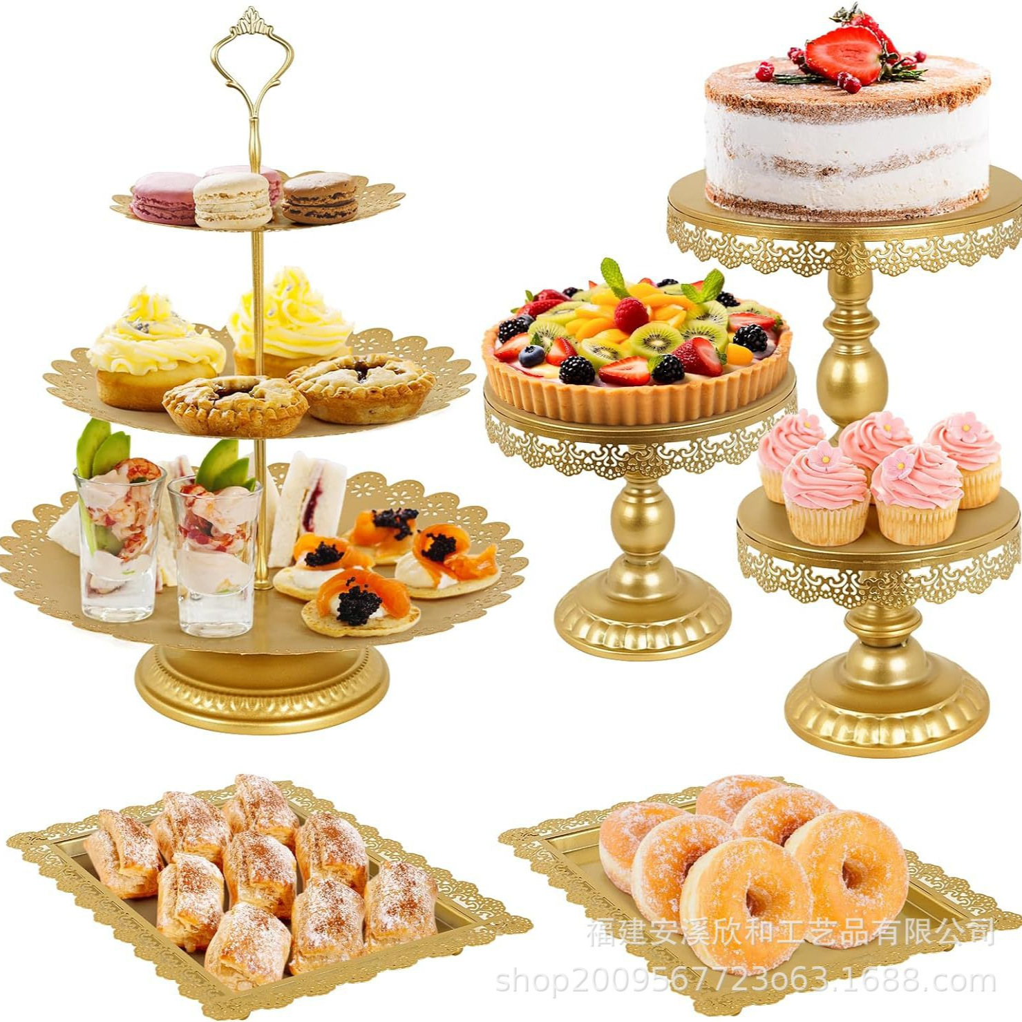 Estante de pastel europeo de hierro forjado conjunto de decoración de boda postres tienda de bocadillos estante de baile prop bandeja de pastel