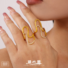 谜丽英国小众品牌S线条锆石开口戒指不锈钢镀18K真金时尚跨境饰品