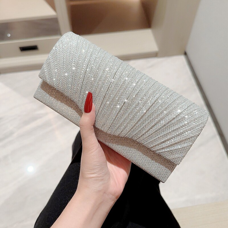 Women's Silver Evening Clutch with Pleated Design, Shiny and High-End Feel, Evening Bag, Dress Clutch, Women's Wedding Handbag Women's Silver Evening Clutch with Pleated Design, Shiny and High-End Feel, Evening Bag, Dress Clutch, Women's Wedding Handbag