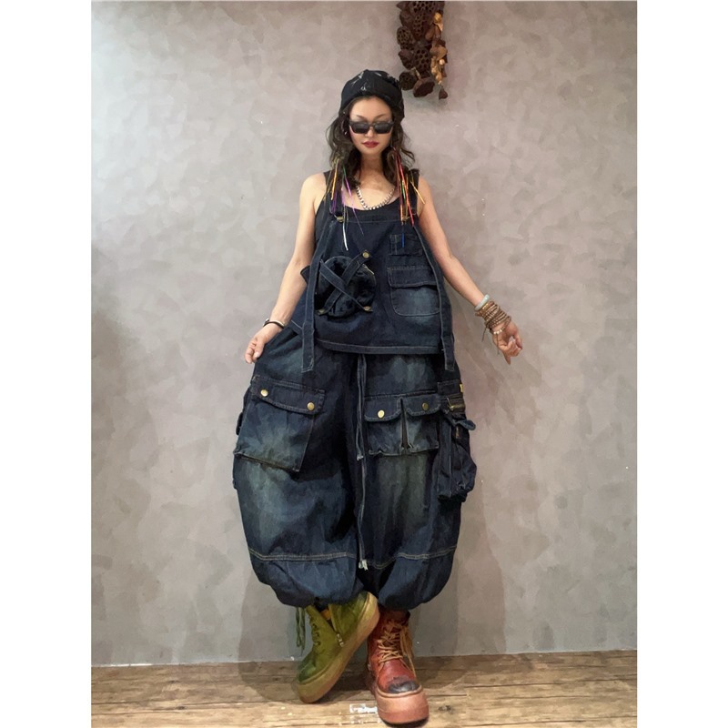Personalidad de moda cool chaleco de calles sin mangas de bolsillo vaqueros pantalones de trabajo sueltos ociosos grandes set de moda image 1
