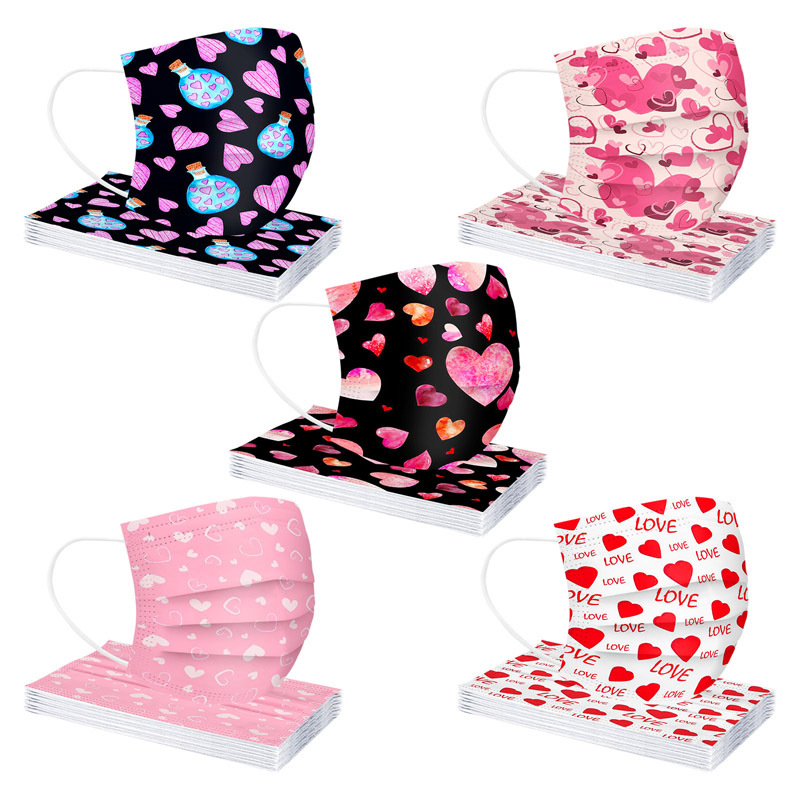 爱心印花一次性口罩三层含熔喷face mask情人节系列水刺布口罩