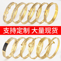 欧美跨境卡家钛钢手镯不掉色光面18K金电镀镶钻方钻手环手饰首饰