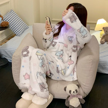 珊瑚绒睡衣女秋冬新款韩版甜美小香风冬天加绒加厚保暖家居服套装