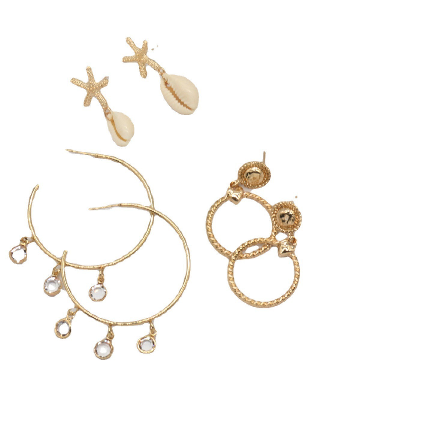 1 Jeu Décontractée Style Simple Rond Étoile De Mer Coquille Incruster Alliage Strass Boucles D'oreilles Boucles D'Oreilles display picture 4