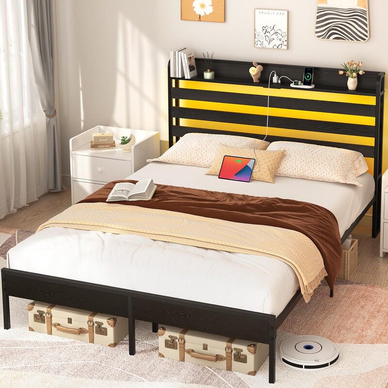 Hot sale queen bed frame with headboard LED bed frame queen bed with charging station easy to assemble Hot sale queen bed frame with headboard LED bed frame queen bed with charging station easy to assemble