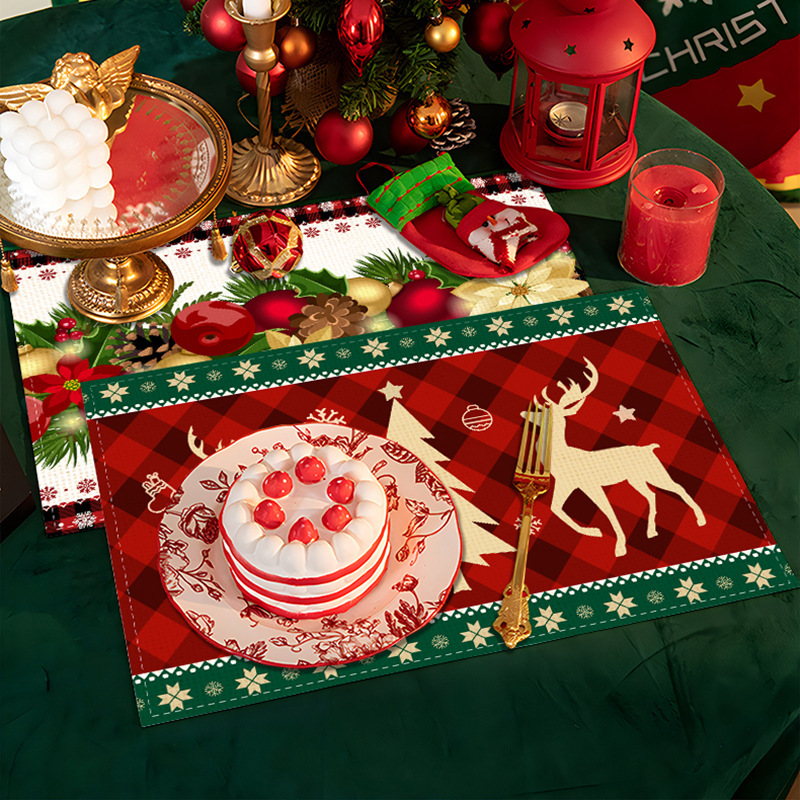 源工場の新しいクリスマス亜麻プリントの食事マットのアイデアクリスマス装飾テーブルマット家庭用断熱テーブルマット|undefined