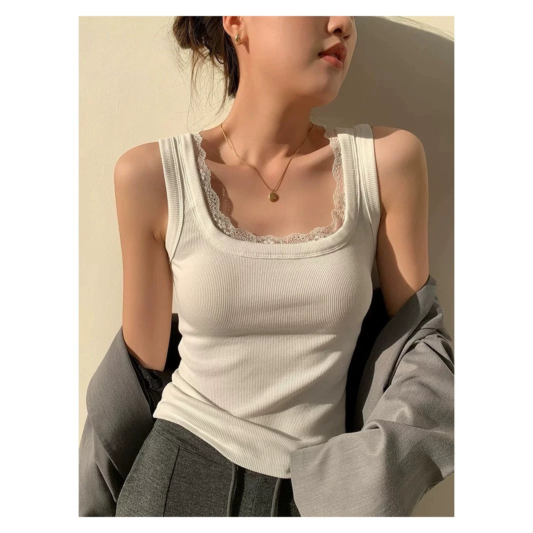 2025 весна-лето новый стиль кружевной топ с квадратным вырезом для женщин больших размеров, облегающий верх без рукавов для ношения под одеждой