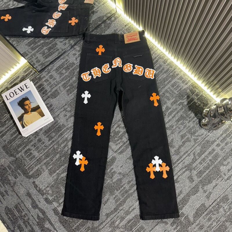 Cross Pants Trendy Brand Jeans Long Pants Limited Loose Washed Leather American Style Spring and Autumn Unisex Straight High Street