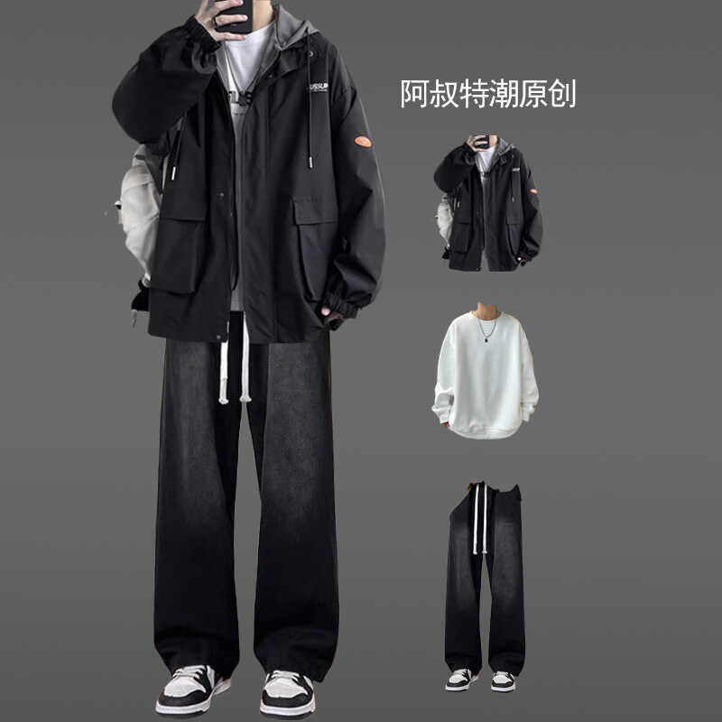 Fake Two-Piece Workwear Hooded Jacket Men's Spring and Autumn Suit Trendy Brand Jacket Handsome with Jeans Three-Piece Set