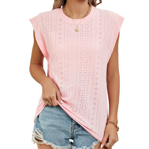 Amazon European and American Cross-border Foreign Trade 2024 Summer Solid Color Round Neck Loose Short Sleeve T-shirt Vest Top for Women