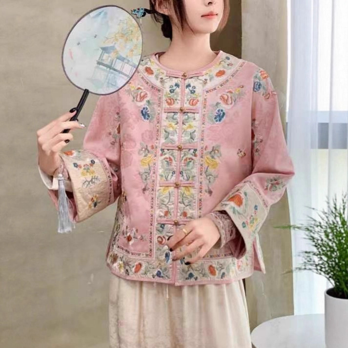 2025 New Ethnic Style Retro Jacket Women's National Style Round Neck Plate Buckle Jacquard Embroider Loose Long-Sleeved Tang Suit Top