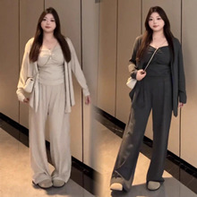 大码女装梨形身材穿搭套装秋季开衫外套胖MM显瘦休闲阔腿裤三件套