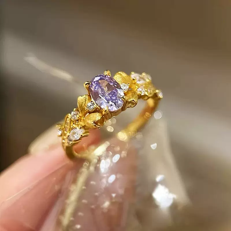 隆隆金新小红书同款S925银紫荆花仙子6*8梦幻紫拉丝立体花苞戒指