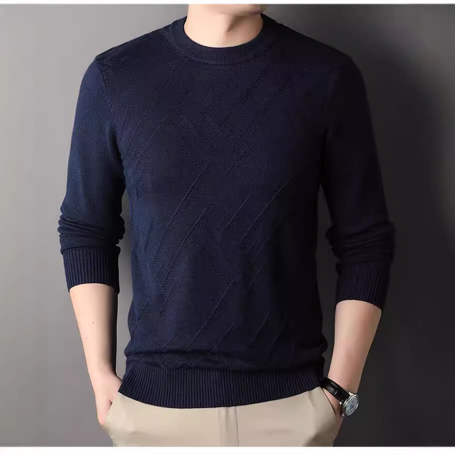 Suéter de hombre, camiseta de fondo, jersey Jacquard de color sólido, camiseta casual de mediana edad, cuello redondo, suéter casual de moda para hombres