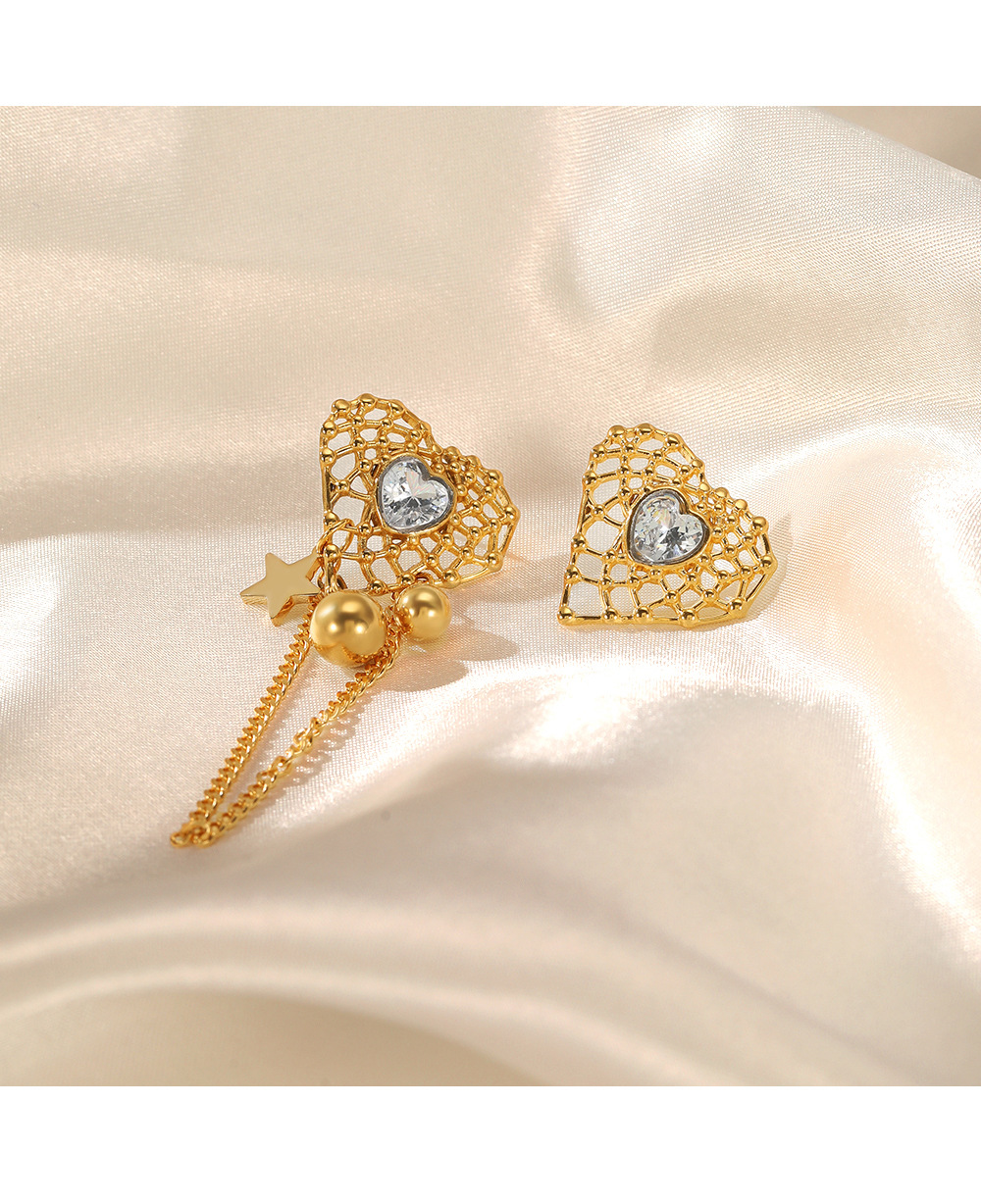 Fashion Star Heart Shape Stainless Steel Asymmetrical Rhinestones Earrings 1 Pair